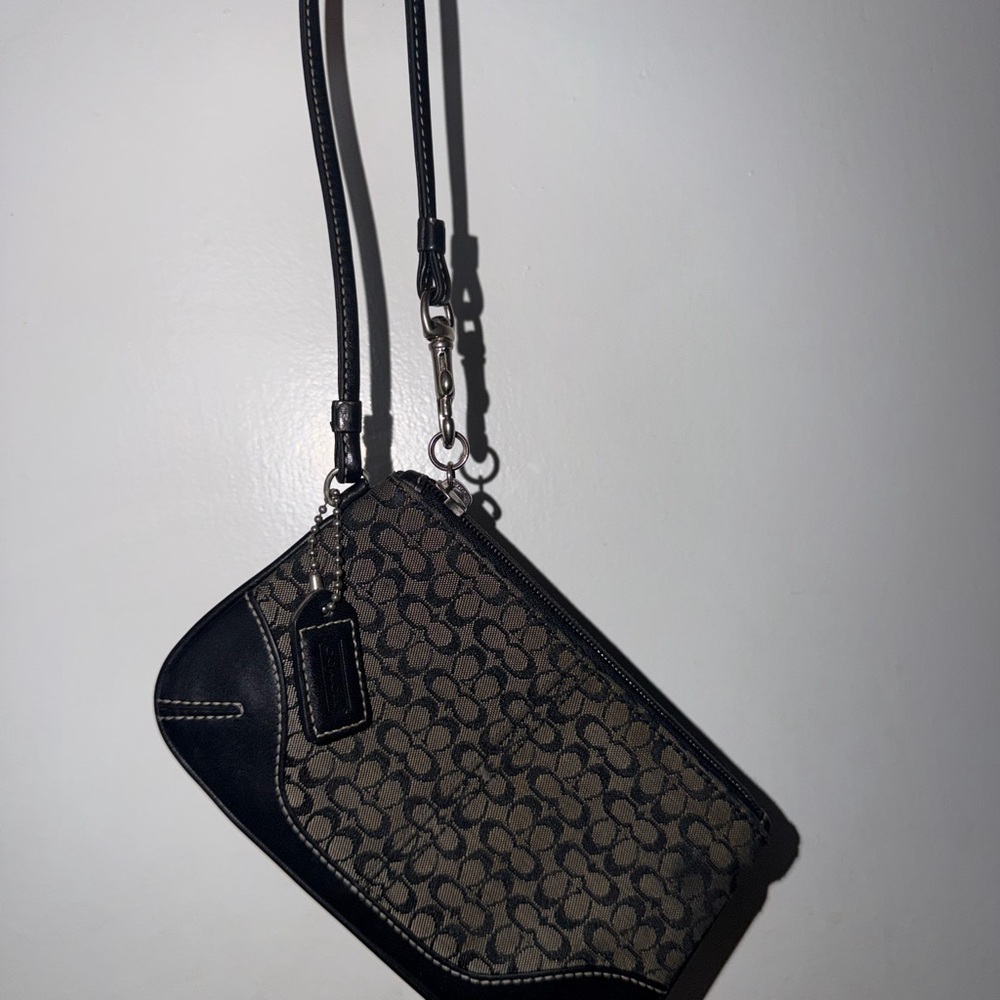Coach Brown and Black Signature Pattern Wristlet Crossbody